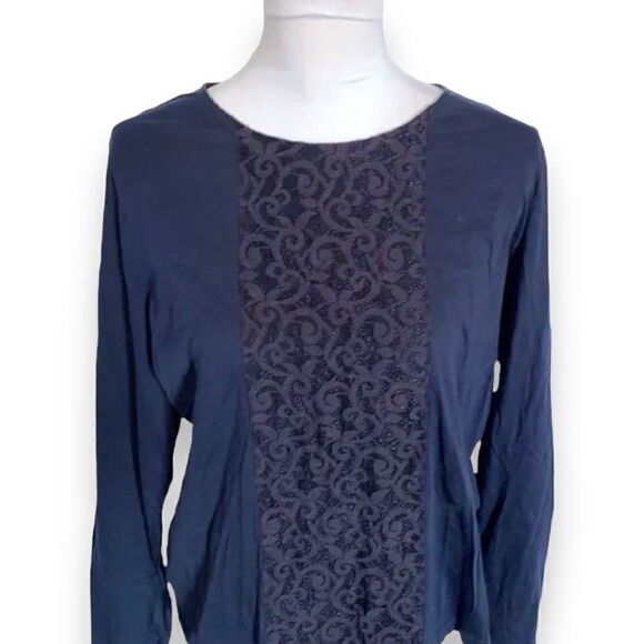 Lauren Ralph Lauren Top Women’s Extra Small XS Navy Lace Panel Boatneck Blouse - Picture 1 of 8